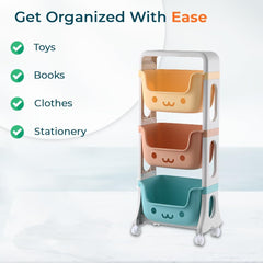 Kuber Industries 3 Layer Smiley Design Children's Storage Rack|Kids Toy Storage Organizer|3-Layer Rolling Cart|Pack of 2|Multicolor|
