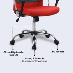 Kuber Industries Ergonomic Office Chairs for Work From Home | Comes with Manual Height Adjustable, Armrest, Headrest & 2D Lumbar Support | Comfy Study Chair for Students with Wheels | Red | MC10-RD
