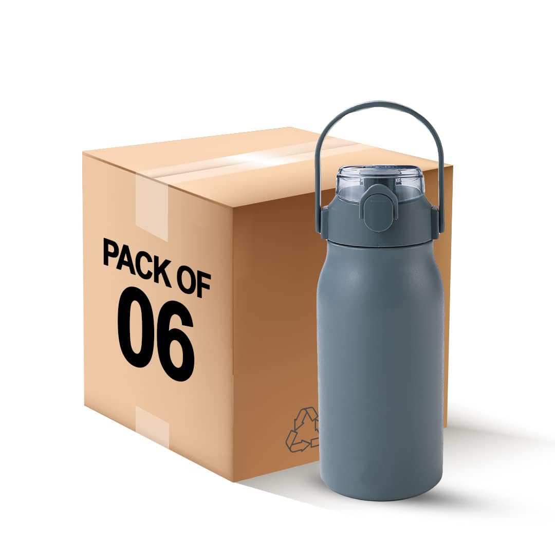 Heart Home Insulated Stainless Steel Bottle 1 Litre with Sipper Lid-Double Wall | Leak Proof | Rust Proof | Keeps Drinks Hot/Cold for 6-12 Hours |Flip Up Handle|Easy to Carry(Pack of 6,Blue)