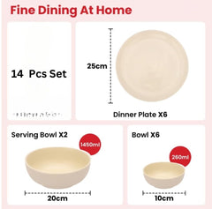 Heart Home 14 Pcs Ceramic Dinner Set | Dishwasher & Microwave Safe | Crockery Set for Dining & Gifting | 6 Pcs Dinner Plates & 2 Pcs Serving Bowl & 6 Pcs Bowl | Cream