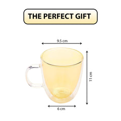 Kuber Industries 6 Pcs Glass Coffee Mugs | Borosilicate Double Walled Glass Mug | High Heat Resistant | Microwave and Dishwasher Safe | 400 ML | Pack of 3 | Yellow