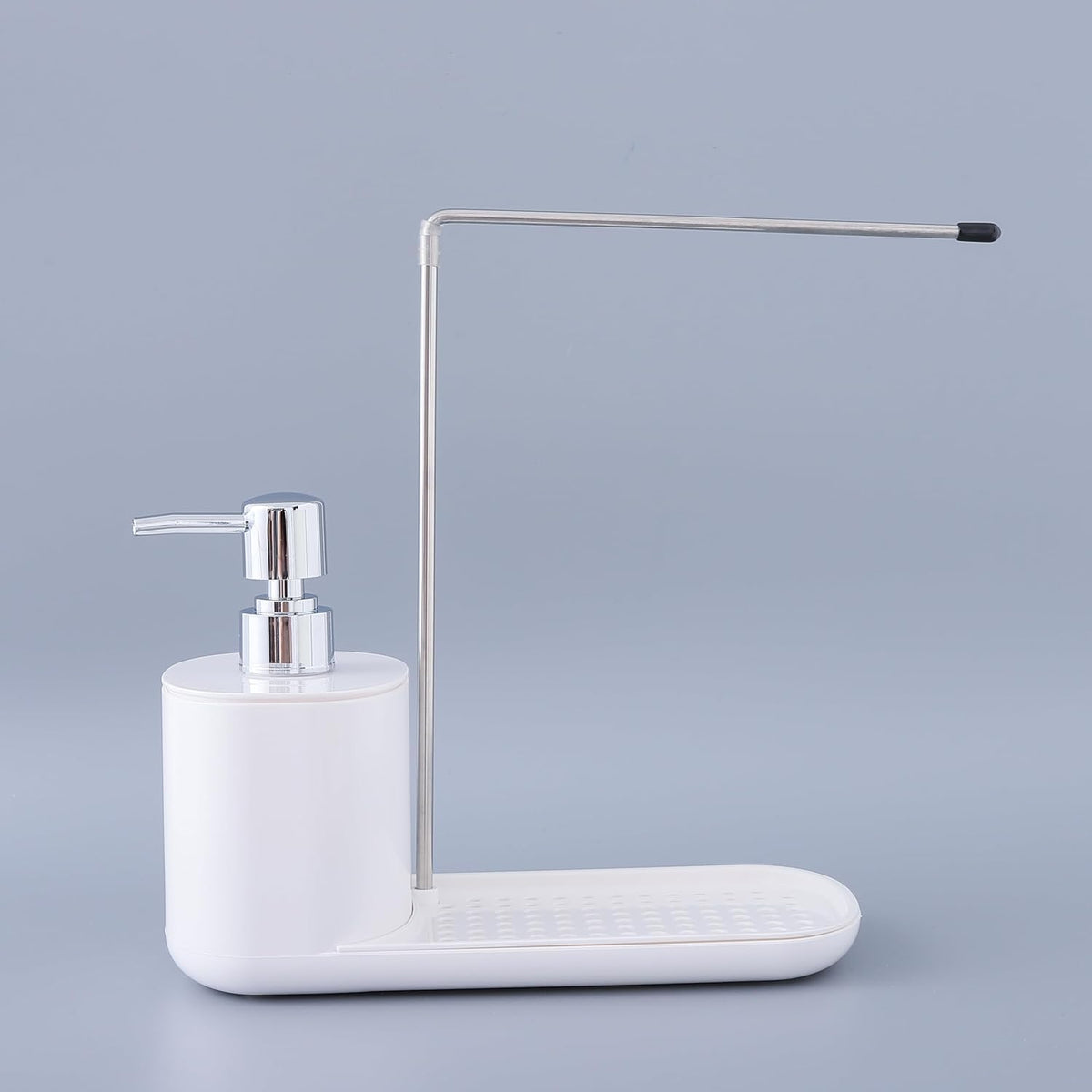 Kuber Industries 3-in-1 Press Soap Dish for Bathroom & Kitchen Sink 550ml | Plastic Soap Dispenser with Sponge Holder & Towel Rack | Kitchen Accessories Items| Handwash Dispenser |White.