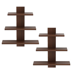 Kuber Industries Wooden Wall Shelf|Multipurpose Tree Shape Display Rack|Engineered Wood Mount 3 Tier Shelves For Office & Home Décor (Brown) (Pack Of 2)