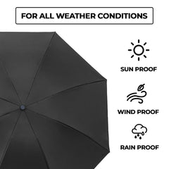 Kuber Industries 3 Fold Manual Umbrella|Windproof, Sunproof & Rainproof|With Polyester Canopy, Sturdy Steel Shaft & Wrist Straps|Easy to Hold & Carry|Umbrella for Women, Men & Kids |Black (Pack Of 2)