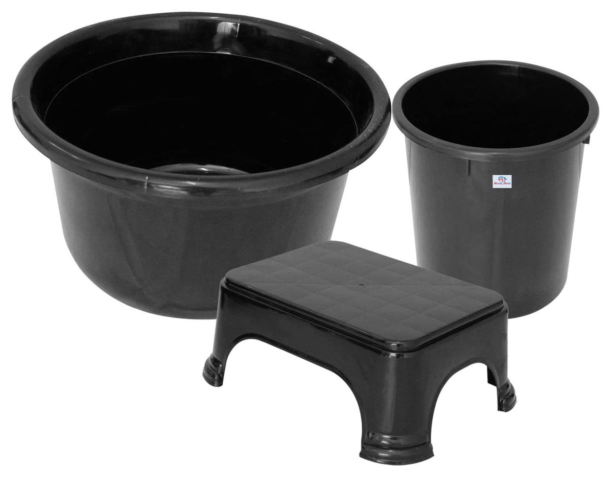 Heart Home 3 Pieces Plastic Tub, Dustbin & Stool Set (Black)
