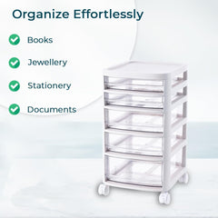 Kuber Industries 5 Layer Cosmetic Cabinet with Trolley|5-Tier Rolling Cart|Shelf Stand With Drawer|Pack of 6|White