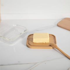 Kuber Industries 640ml Borosilicate Galss Butter Dish Kitchen Containers Set with bamboo Wooden Lid | Multipurpose Dal, Snacks & Vegetable Storage Box for Fridge Organizers | Transparent