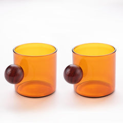 Urbane Home 2 Pcs Borosilicate Glass Coffee Cups | Cup with Wooden Ball Handle | High Heat Resistant | Microwave and Dishwasher Safe | 120 ML | Pack of 1 | Amber