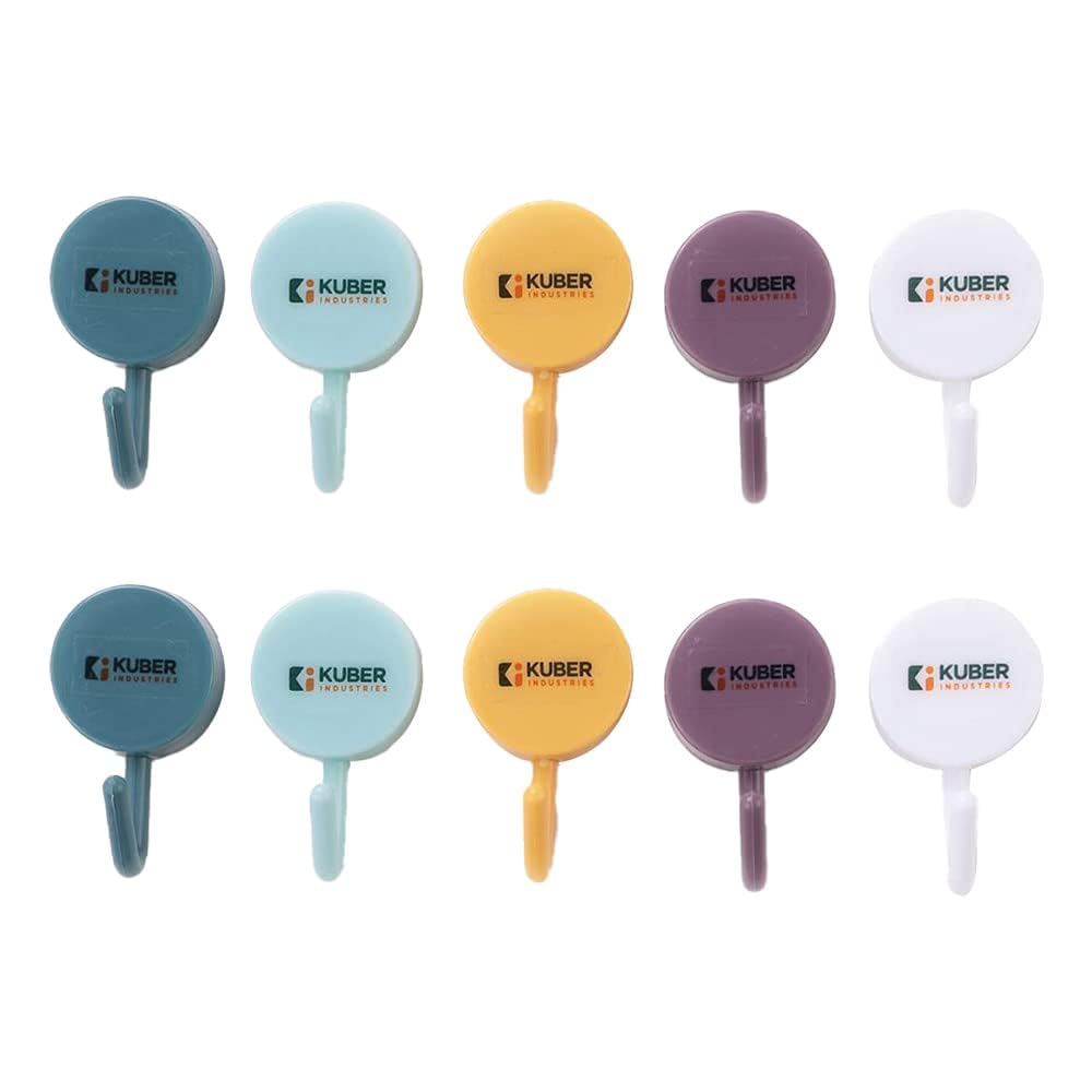 Kuber Industries Sticky Hooks For Wall|Durable & Rust-Proof|Self Adhesive Hook For Easy Installation|Multi-Purpose Wall Hooks For Bathroom, Kitchen, Bedroom|Pack of 10|1601|Multicolor