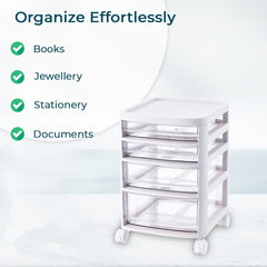 Kuber Industries 4 Layer Cosmetic Cabinet with Trolley|4-Tier Rolling Cart Storage Organizer|Shelf Stand With Drawer|pack of 3|White