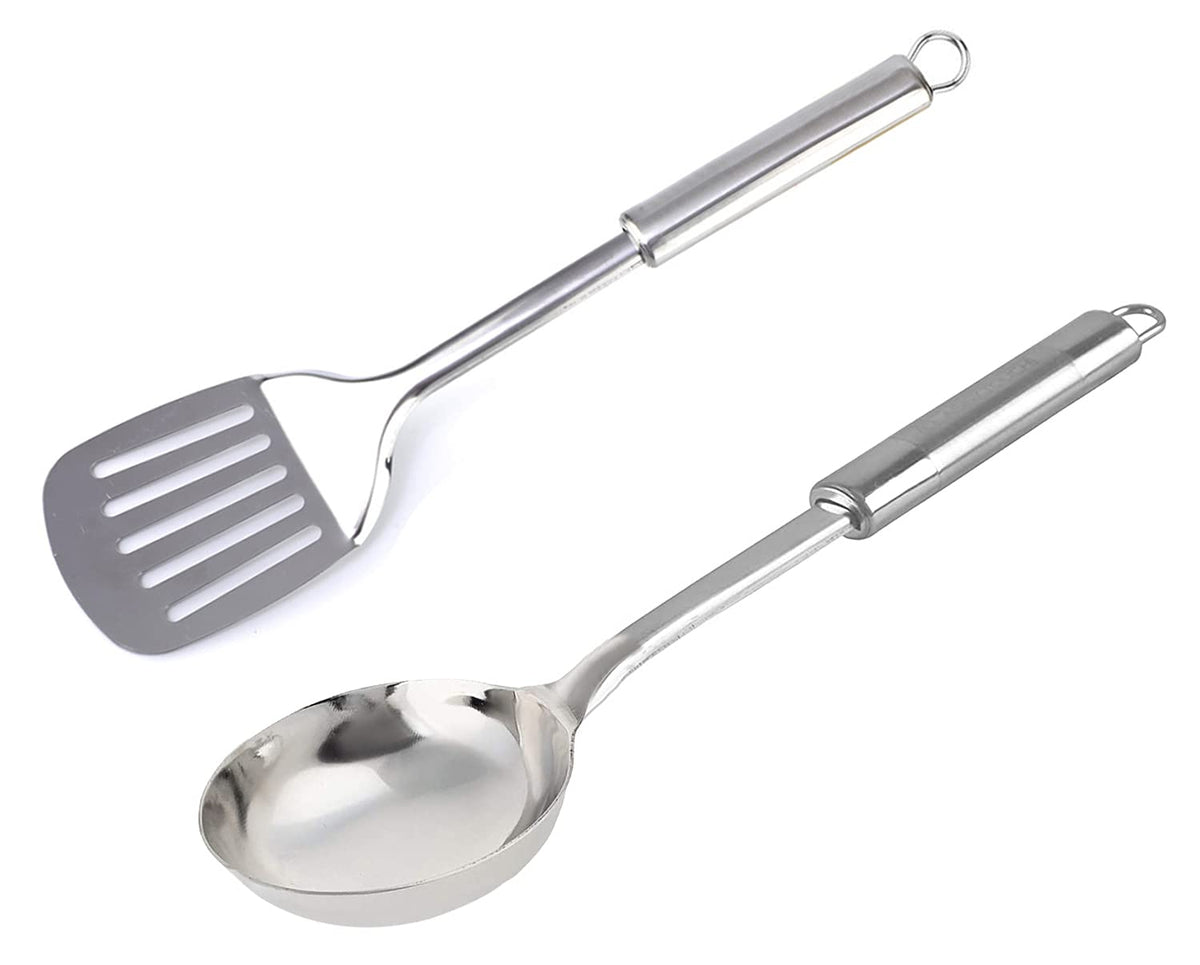 Kuber Industries Stainless Steel Kitchen Utensil, Cookware Set, Kitchen Tool- Set of 2 (Ladle & Solid Turner) (Silver)