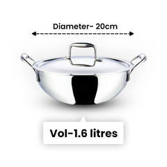 Kuber Industries Tri-ply Stainless Steel Kadhai with lid I Induction Base I 2 litres Capacity I 20cm Diameter I Extra Deep Frying Pan I Riveted Handles (Pack of 4)