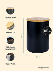 Urbane Home Ceramic Jar with Bamboo Lid 800ml | Air Tight Containers for Kitchen Storage | Multipurpose-Tea,Coffee,Snacks,Sugar,Salt,Dry Fruit,Pulses | Black (Pack of 2)