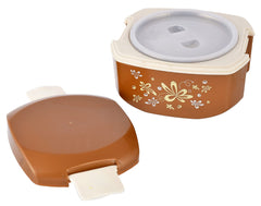 Heart Home Floral Printed Inner Steel Insulated Lunch Box with 1 Steel Pickel Box (Brown) -HS42HEARTH25123
