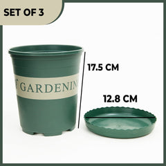 Kuber Industries Plastic Plant Pot|Indoor & Outdoor Plant Pot with Tray|Durable & Lightweight|Water Drainage Holes|Plastic Flower Pot for Patio|Garden|Home|Office|Small|JL -1617|Set of 3|Green