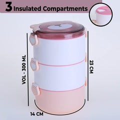 Kuber Industries Insulated Lunch Box with 3 Compartments|100% BPA Free, Food Grade ABS Plastic|Leakproof & Spill Proof|Dishwasher & Microwave Safe Lunch Box|3000 ML|HX0034190|Pink (Pack of 4)