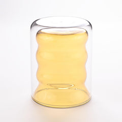 Urbane Home 2 Pcs Waved Shape Glasses | Double Walled Borosilicate Glass | High Thermal Resistance | Microwave & Dishwasher Safe | 200 ML | Pack of 1 | Yellow