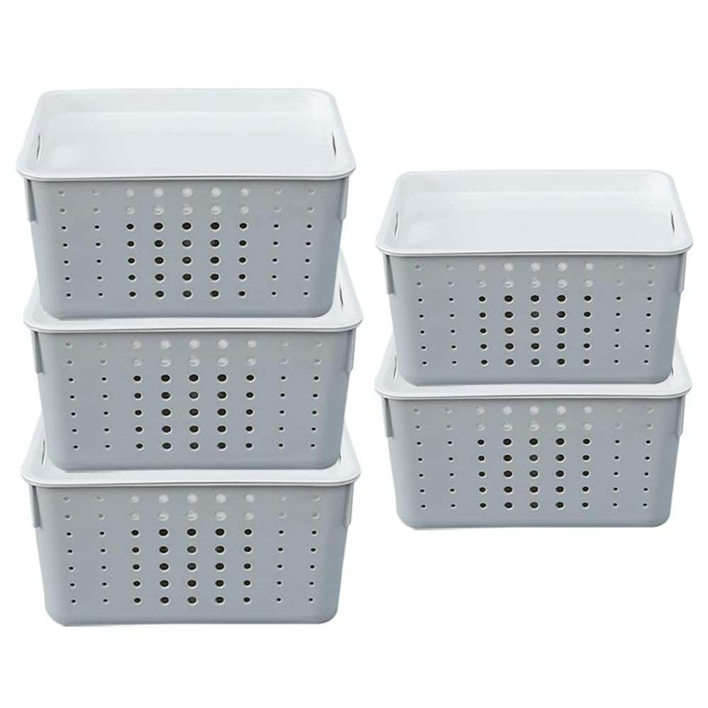 Kuber Industries Multipurpose Small Storage Basket with Lid|Dotted Design Storage Organizer|Basket For Cosmetic, Fruits, Assesories|Pack of 5|Grey|