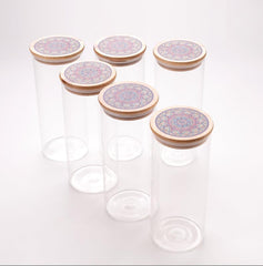 Urbane Home Borosilicate Glass Jar with Printed Bamboo Lid|Kitchen Organizer Items and Storage|Multi-utility, Leakproof, Airtight Storage Jar for Cookies,Snacks,Tea,Coffee,Sugar|Pack of 6(1000ml)