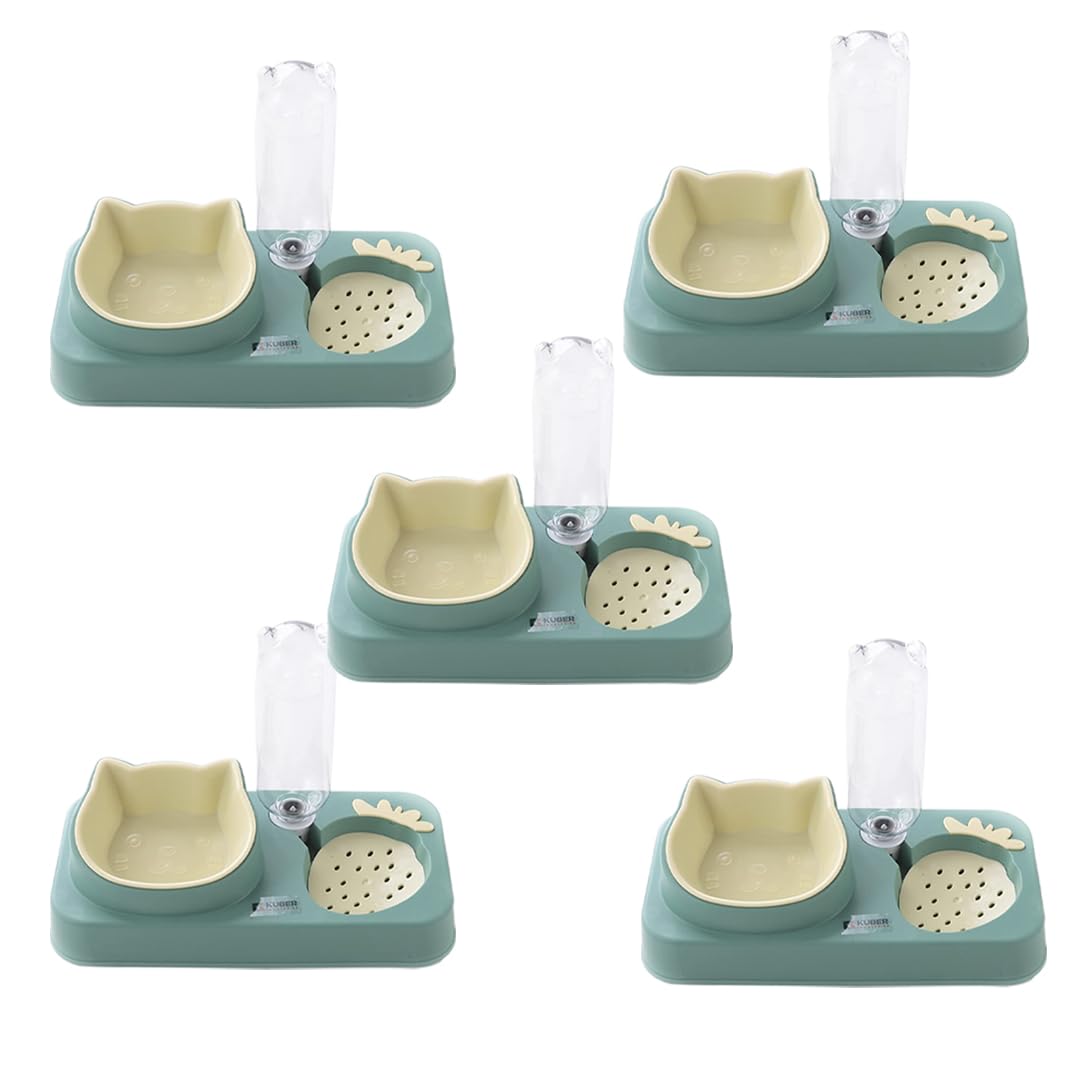 Kuber Industries Animal Feeding Plastic 2 in 1 Pet Bowls | Cat & Dog Bowl | Small/Medium Size Pet Feeding Bowl | Non-Toxic & 100% Safe for Pets (Pack of 5) | Light Green