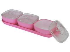 Heart Home Food Grade Microwave Safe Plastic 1 Tray & 3 Bowls Set with Silicon Rubberized Ring Lid (Pink)-50HH01374