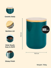 Urbane Home 800ml Ceramic Jar for Kitchen Storage | Air Tight Container Set with Bamboo Lid | Kitchen Container for Snacks, Tea, Sugar | Multipurpose Organizer | Teal | Pack of 2
