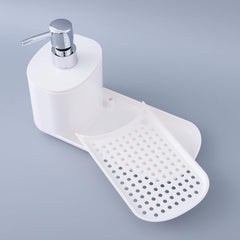 Kuber Industries 3-in-1 Press Soap Dish for Bathroom & Kitchen Sink 550ml | Plastic Soap Dispenser with Sponge Holder & Towel Rack | Kitchen Accessories Items| Handwash Dispenser |White.