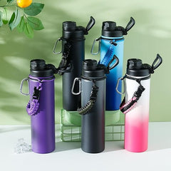 Kuber Industries Water Bottle | Steel Water Bottle for Daily Use | Vacuum Insulated Flask Water Bottle with Rope | Hot & Cold Water Bottle | 720 ML | LX-230603 | Pack of 4 | Black & Gray