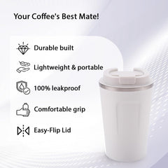 Kuber Industries Stainless Steel Insulated Coffee Cup With Sipper Mouth|Travel Coffee Mug "380 ML"-Pack of 3|White|
