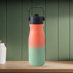 Kuber Industries Pack of 2 Vacuum Insulated Water Bottle | Stainless Steel Sipper Bottle with Handle | Hot & Cold Water Bottle | Leakproof, BPA Free, Rustproof | 780 ML | Orang & Green