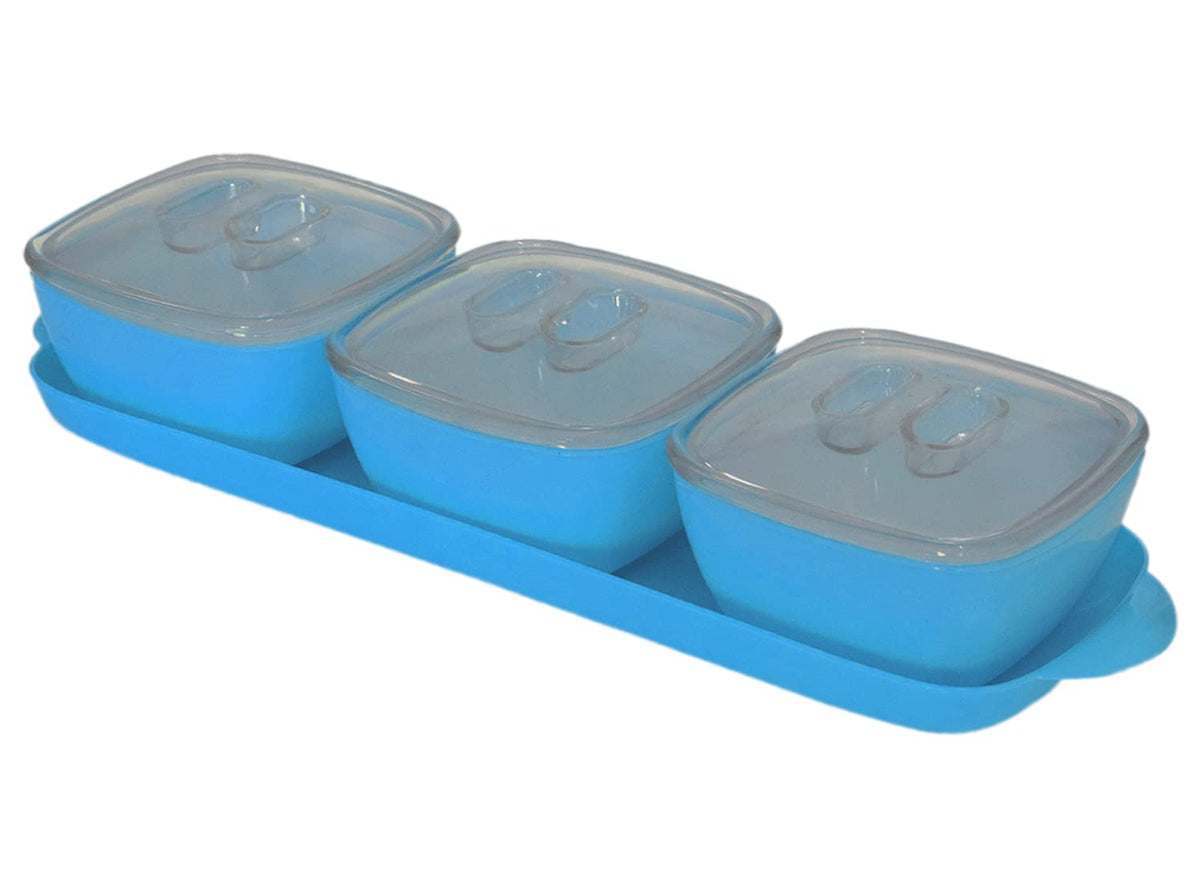 Heart Home Food Grade Microwave Safe Plastic 1 Tray & 3 Bowls Set with Silicon Rubberized Ring Lid (Blue)-50HH01372