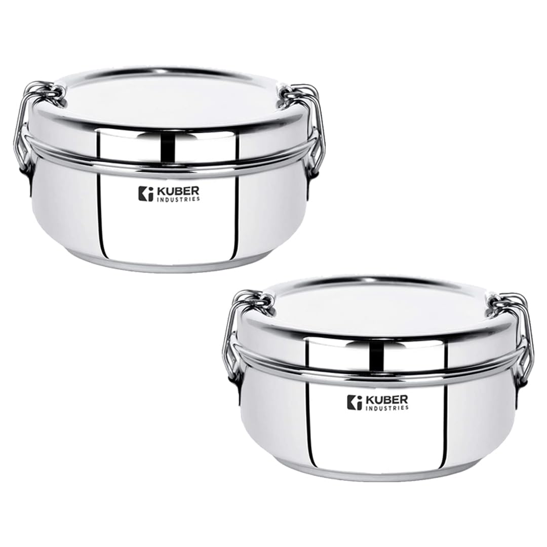 Kuber Industries Pack of 2 Stainless Steel Food Pack Lunch Box with Steel Separator Plate and Locking Clip, 1 Pc-400 ml Capacity