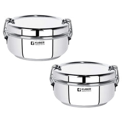 Kuber Industries Pack of 2 Stainless Steel Food Pack Lunch Box with Steel Separator Plate and Locking Clip, 1 Pc-400 ml Capacity