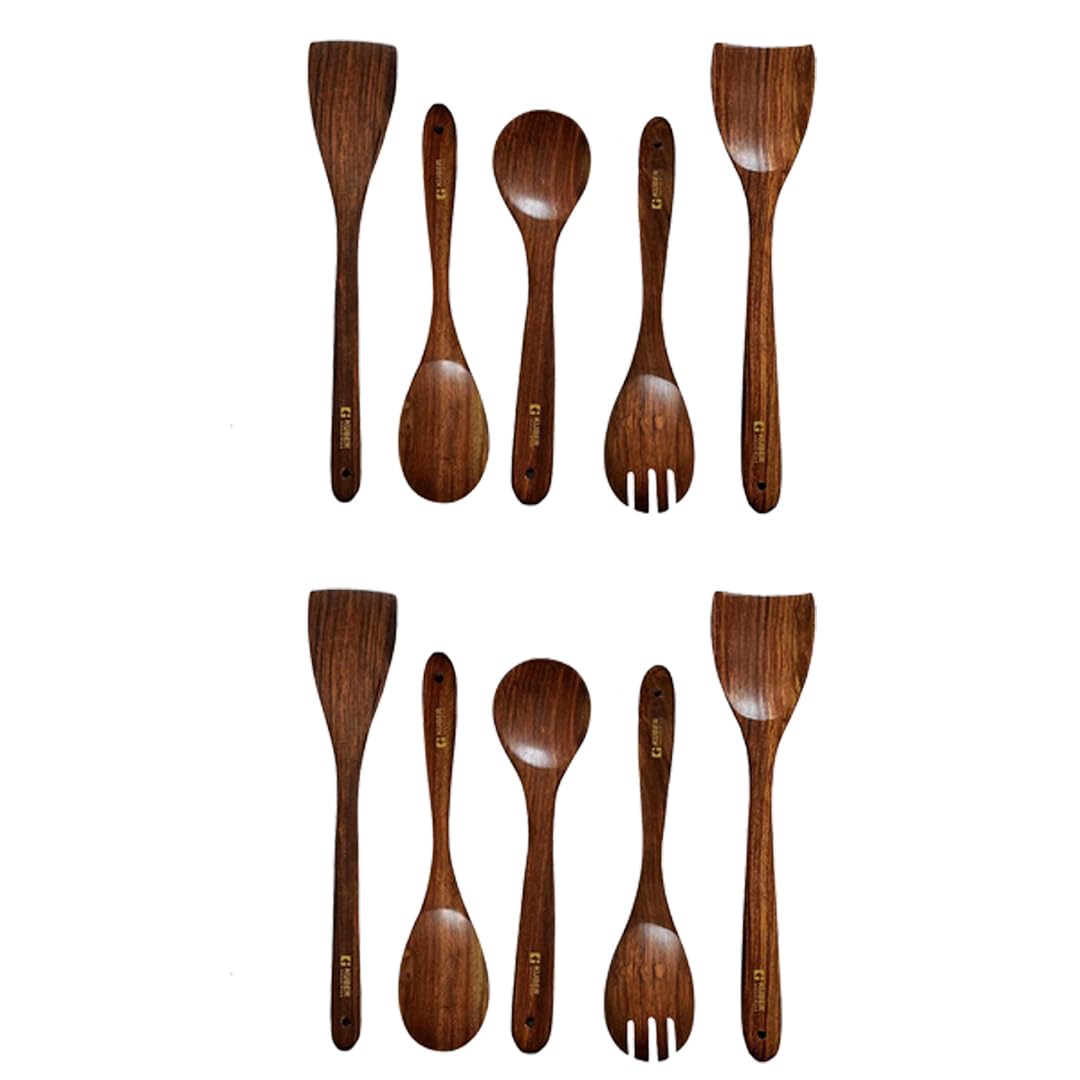 Kuber Industries Sheesham Handicrafts Wooden Serving and Cooking Spoons | No Harmful Polish | Naturally Non-Stick | Wood Brown Spoons Kitchen Utensil | Handmade Spatula Set of 5 (Pack of 2)