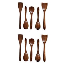 Kuber Industries Sheesham Handicrafts Wooden Serving and Cooking Spoons | No Harmful Polish | Naturally Non-Stick | Wood Brown Spoons Kitchen Utensil | Handmade Spatula Set of 5 (Pack of 2)