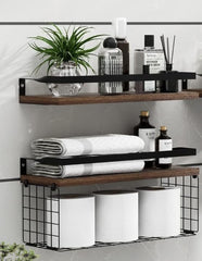 Kuber Industries Floating Shelves (2pcs) with One Wire Storage Basket | Wooden Floating Wall Shelf| Wall Mount| Wall Rack| Wall Bracket for Home and Office Decor | Big Mounted Cabinets | BW0388