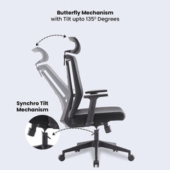 Kuber Industries Ergonomic Office Chairs for Work From Home | Comes with Manual Height Adjustable, Armrest, Headrest & Lumbar Support | Comfy Study Chair for Students with Wheels | Black | 1528A-BLK