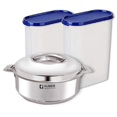 Kuber Industries Stainless Steel Casserole & Plastic conatiner I Casserole (2000 ML) & Kitchen Container Set of 2 (2500 ML)