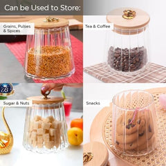 Heart Home Borosilicate Glass Jar with Bamboo Lid | Kitchen Organizer Items and Storage | Multi-utility, Leakproof, Airtight Jar for Cookies, Snacks, Tea, Coffee, Sugar | 620 ml | pack of 3