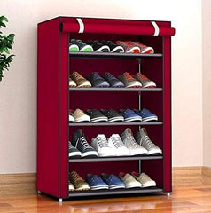 Kuber Industries Shoe Rack|Non-Woven 5 Shelves Shelf|Foldable Storage Rack Organizer for Shoe, Books-Pack of 4 (Maroon)