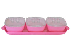 Heart Home Food Grade Microwave Safe Plastic 1 Tray & 3 Bowls Set with Silicon Rubberized Ring Lid (Pink)-50HH01374