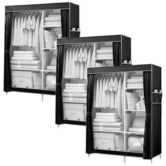 Kuber Industries Foldable Wardrobe for Clothes|Non Woven 2 Door Portable Clothes Rack|4 Shelves Almirah for Clothes-Pack of 3 (Black)