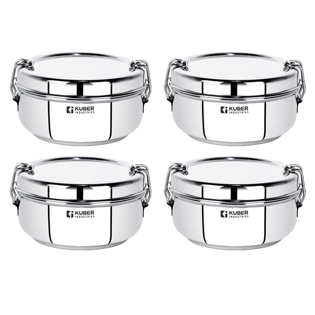 Kuber Industries Pack of 4 Stainless Steel Food Pack Lunch Box with Steel Separator Plate and Locking Clip, 1 Pc-400 ml Capacity
