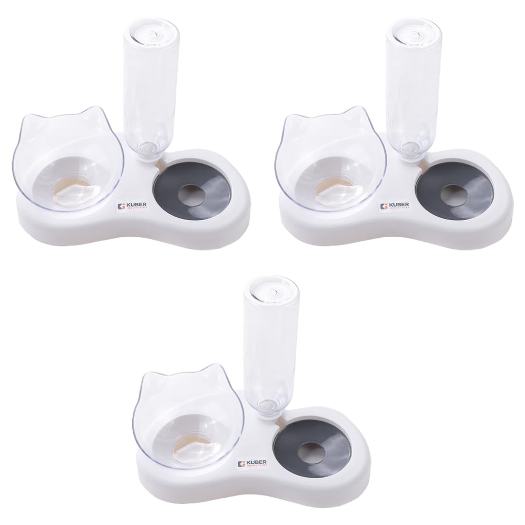 Kuber Industries Animal Feeding Plastic 2 in 1 Pet Bowls | Cat & Dog Bowl | Small/Medium Size Pet Feeding Bowl | Non-Toxic & 100% Safe for Pets (Pack of 3) | Grey