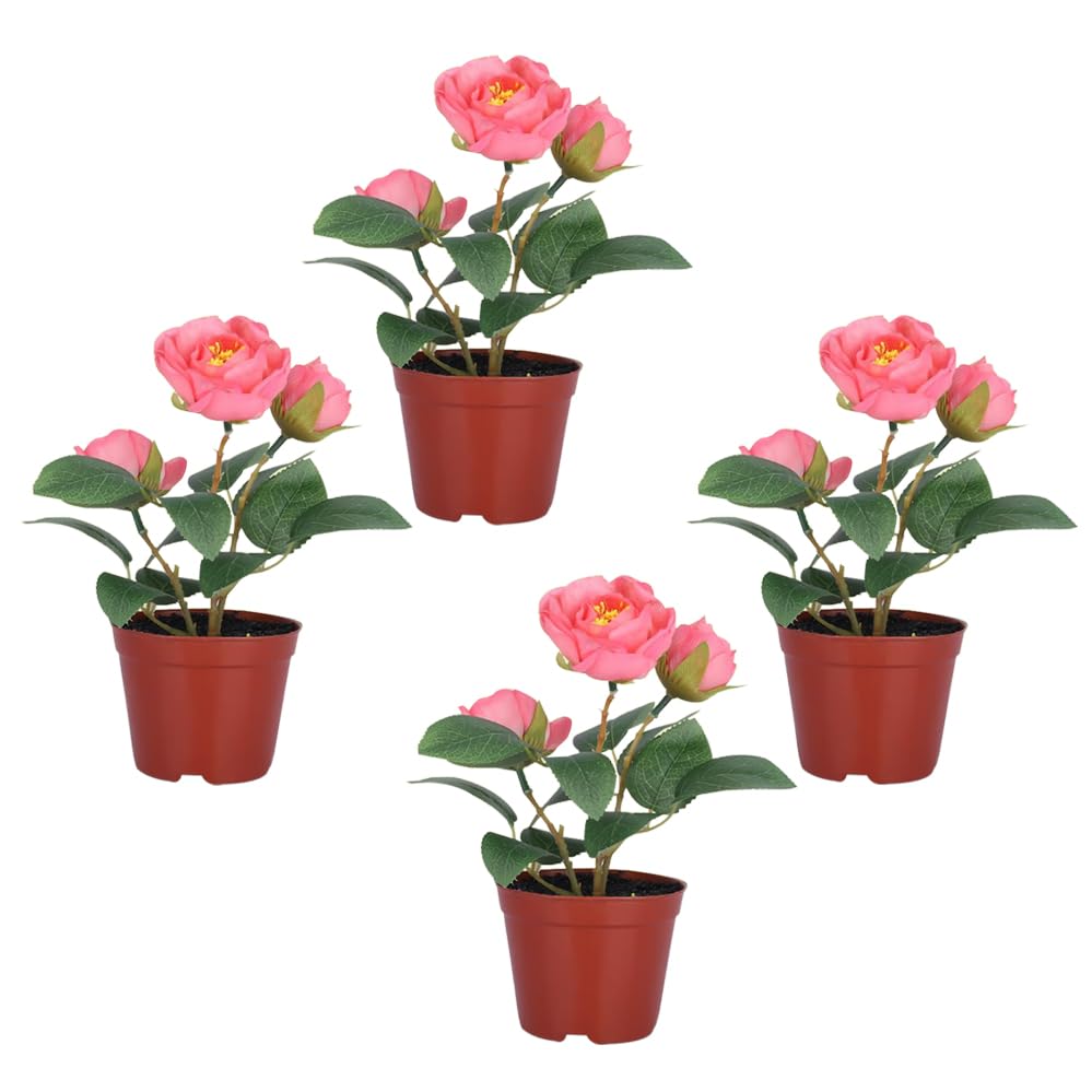 Kuber Industries Artificial Plants for Home Décor|Natural Looking Indoor Fake Plants with Pot|Artificial Flowers for Decoration-Pack of 4 (Pink)