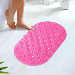 Kuber Industries Bath Mat | PVC Bathroom Mat | Shower Bath Mat | Floor Tub Mat | Bathroom Oval Mud Mat | Anti-Skid Shower Bathroom Mat | Q-02C |Pack of 3| Rose Red