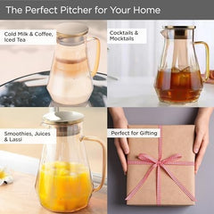 Kuber Industries Premium 1.4 LTR Glass Jug with Stainless Steel Lid and Handle | Leakproof Pitcher for Water, Cold Brew, Tea, Iced Coffee, Lemonade | Heat Resistant | Housewarming Gift | Orange