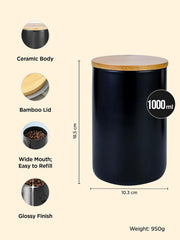 Urbane Home 1000ml Ceramic Jar for Kitchen Storage | Air tight Container Set with Bamboo Lid | Kitchen Container for Snacks, Tea, Sugar | Multipurpose Organizer | Black | Pack of 2