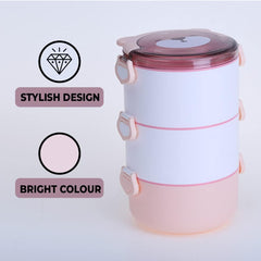 Kuber Industries Insulated Lunch Box with 3 Compartments|100% BPA Free, Food Grade ABS Plastic|Leakproof & Spill Proof|Dishwasher & Microwave Safe Lunch Box|3000 ML|HX0034190|Pink (Pack of 4)