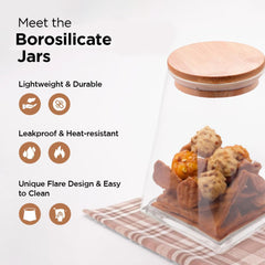 Urbane Home Borosilicate Glass Jar with Bamboo Lid | Kitchen Organizer Items & Storage | Multi-utility, Leakproof, Airtight Storage Jar for Cookies, Snacks, Tea, Coffee, Sugar | Set of 2 (980ml)